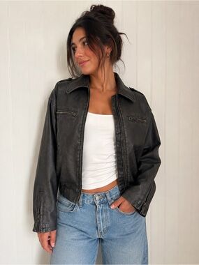American Eagle Black Faux Leather Moto Bomber Jacket Cropped Y2K Grunge Small